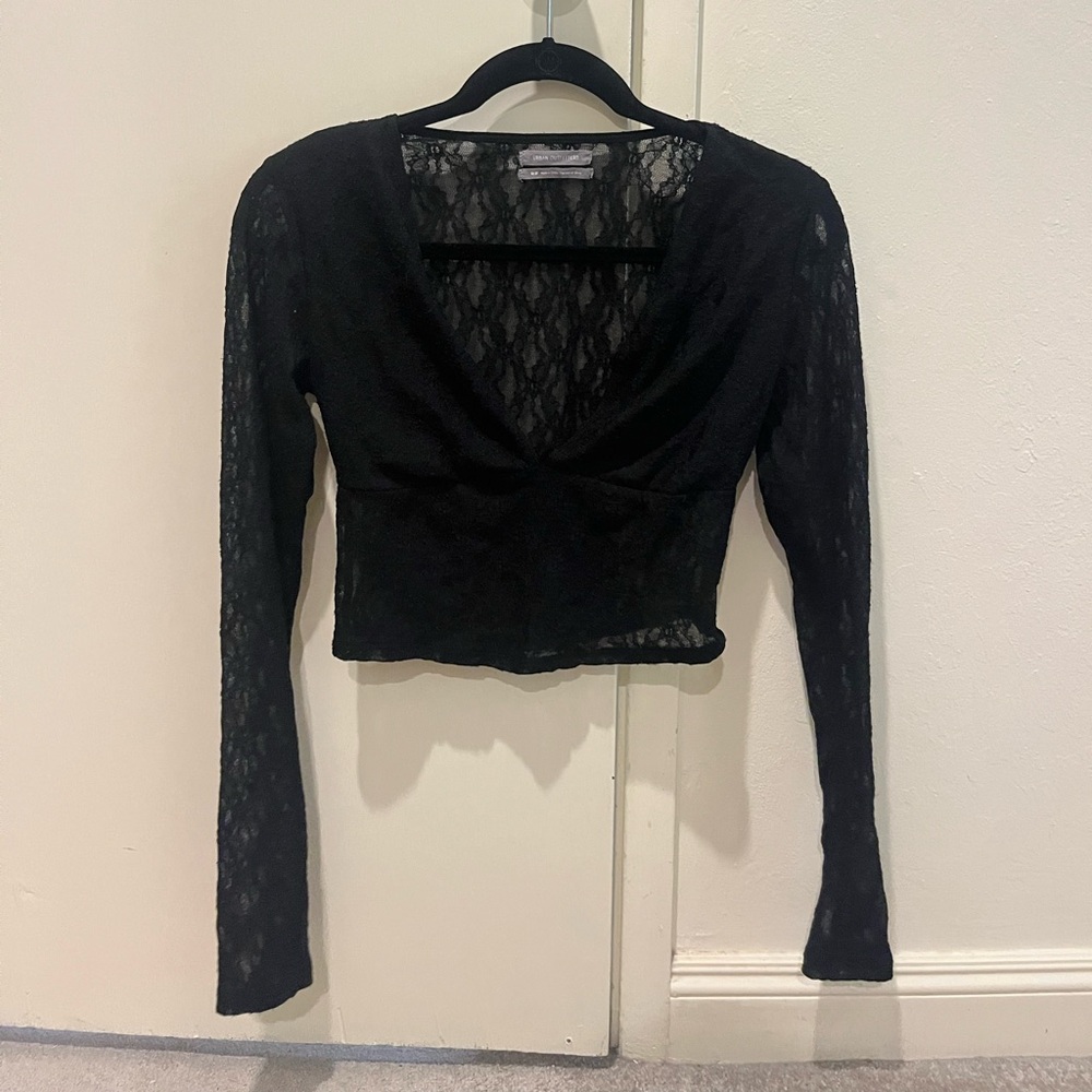 Urban Outfitters Black Lace Long-Sleeve V-Neck Crop Top